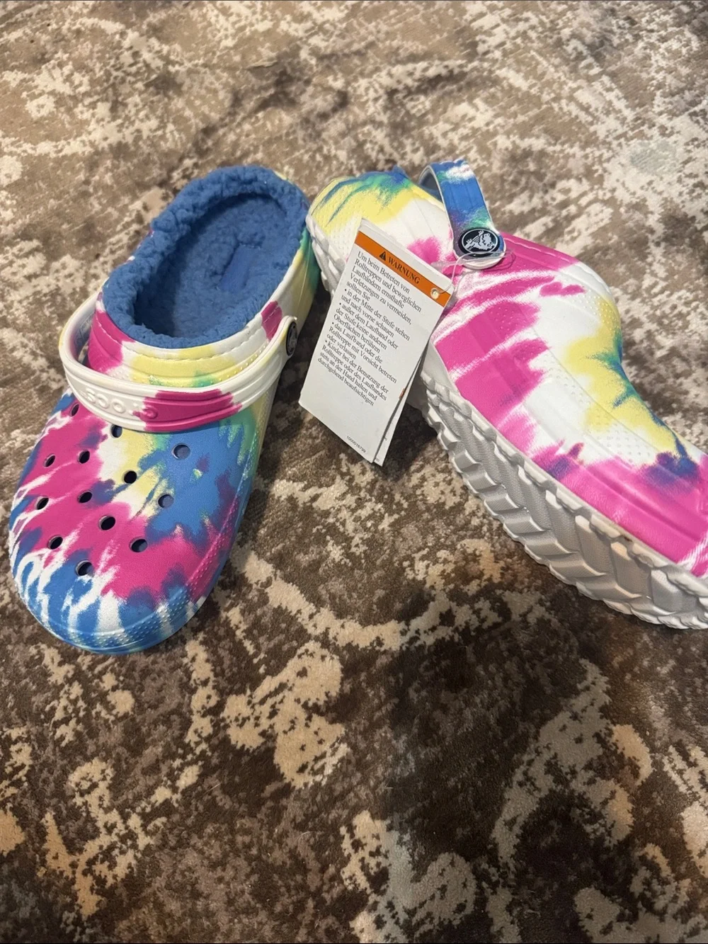 CROCS Kids Tie-Dye Clog with Plush Lining in Blue, Pink, Yellow, Green